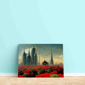 Pintura moderna Campo de rosas en ciudad futurista