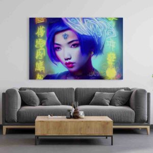 Cuadro minimalista para sala Geisha neón ciberpunk