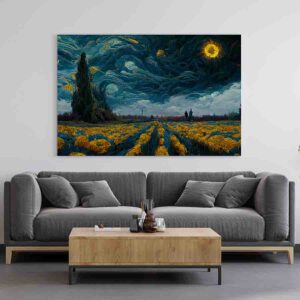 Pintura Noche estrellada ilustración campo de girasoles