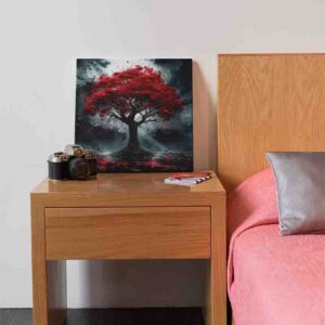 Cuadro arbol rojo bajo la tormenta