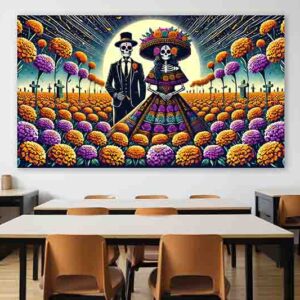 Backdrop temático para fotos en el Día de Muertos Catrina y Cempasúchil
