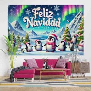 Fondo Navideño con Paisaje Polar Pequeños Pingüinos