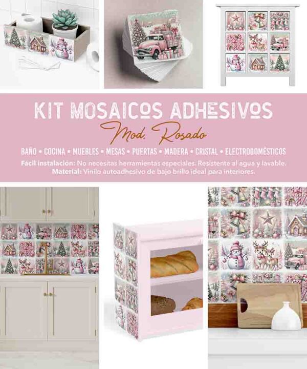 Azulejos Adhesivos Navideños Rosados para Cocina Baño - Image 4