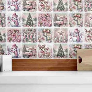 Azulejos Adhesivos Navideños Rosados para Cocina Baño
