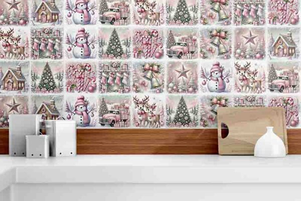 Azulejos Adhesivos Navideños Rosados para Cocina Baño