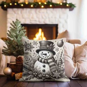Elegante cojines navideños estilo grabado vintage MOD. Muñeco de Nieve Risueño