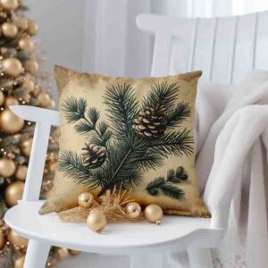 Funda navideña para cojin estilo botánico sepia vintage MOD. Rama de pino