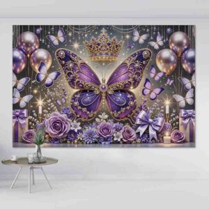 Backdrop decoración temática mariposas Mod.Morado elegance