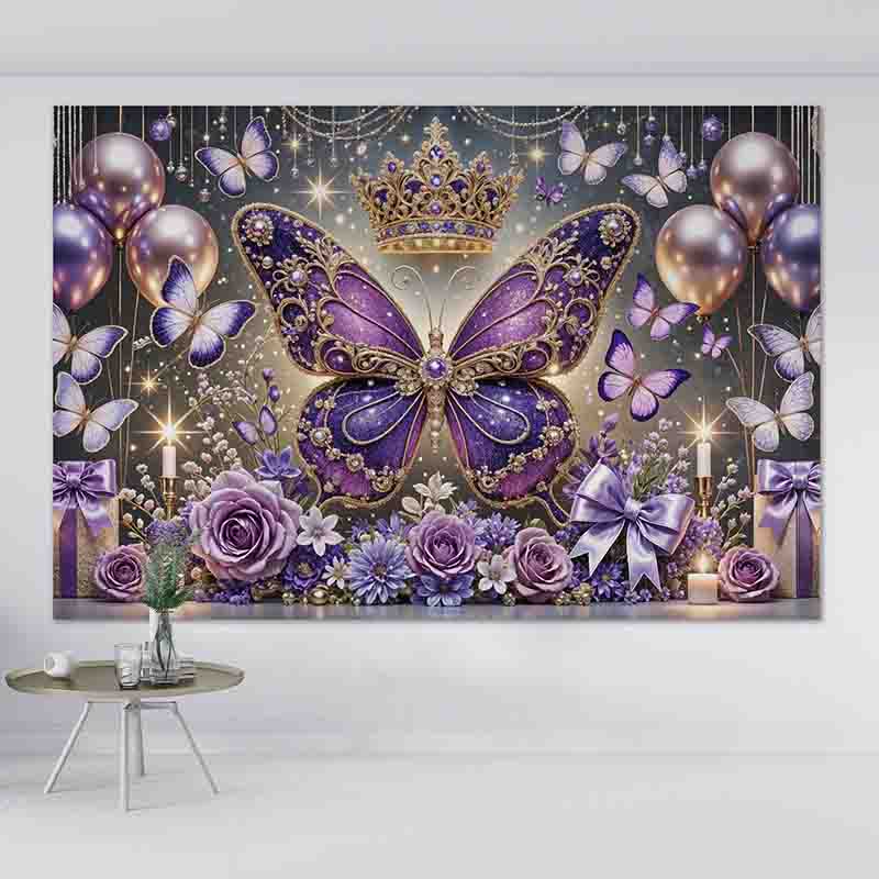 Backdrop decoración temática mariposas Mod.Morado elegance