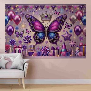 Fiesta temática decoracion de mariposas para cumpleaños Backdrop Mod.Reino Púrpura