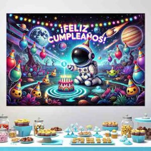 Temática de astronauta para cumpleaños Backdrop photocall Mod.Mundo Globotástico