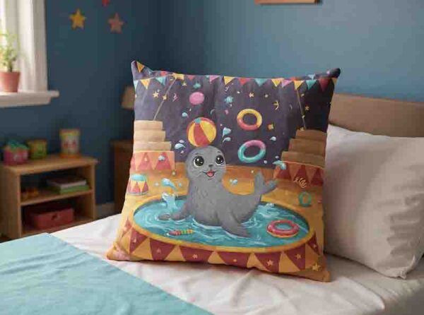 Cojín decorativo para cama de niños estilo circo mágico Mod. Kiut Splash Foca