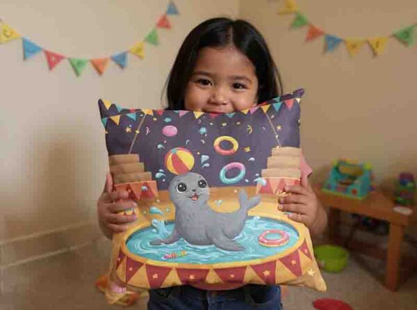 Cojín decorativo para cama de niños estilo circo mágico Mod. Kiut Splash Foca - Image 3