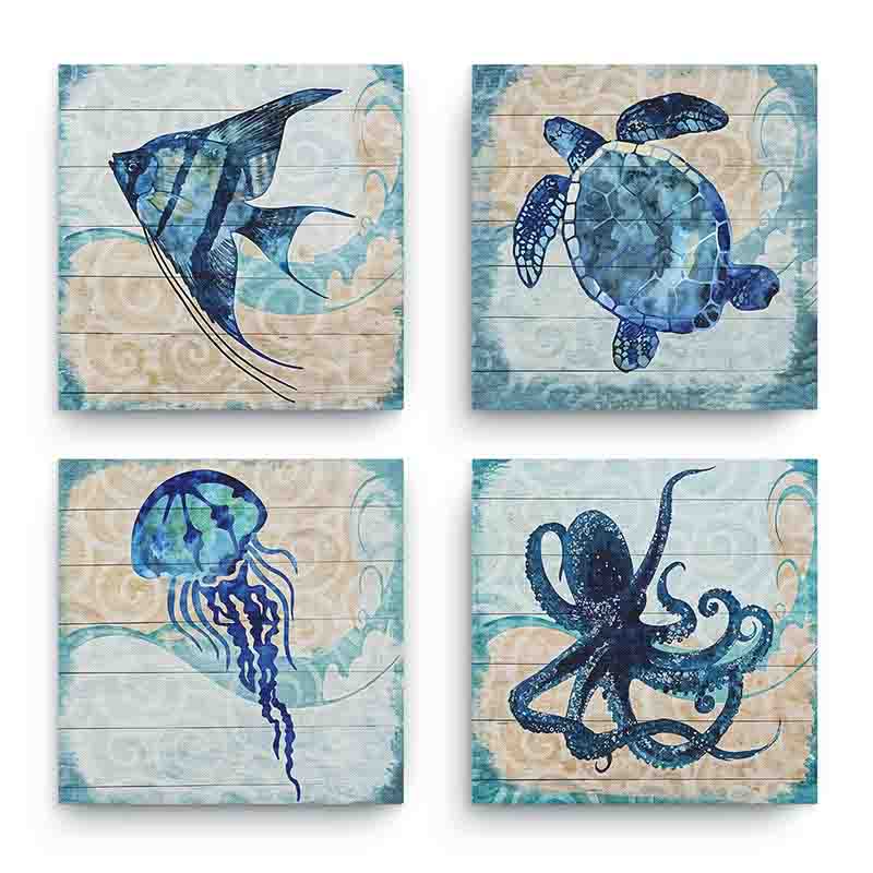 Set 4 Cuadros Canvas Animales Marinos Estilo Costero Azul - Imagen 2