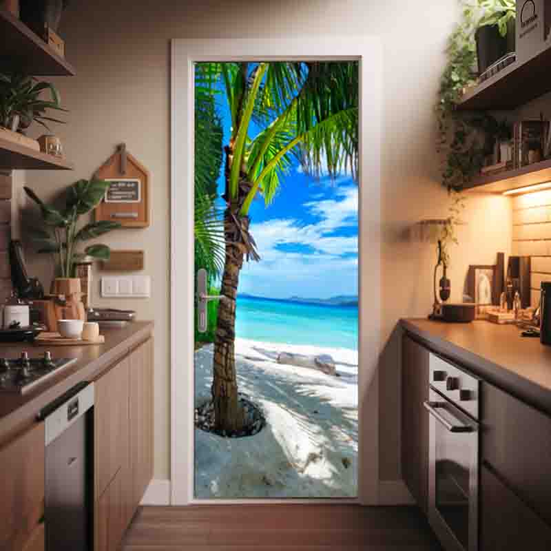Vinilo Decorativo Puerta Playa Tropical con Palmeras - Imagen 3