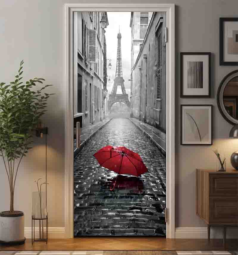 Vinil Decorativo Puerta Torre Eiffel con Paraguas Rojo - Imagen 3
