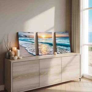 Tríptico Decorativo de Playa en Vinil Atardecer Azul