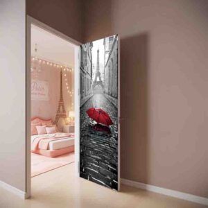 Vinil Decorativo Puerta Torre Eiffel con Paraguas Rojo