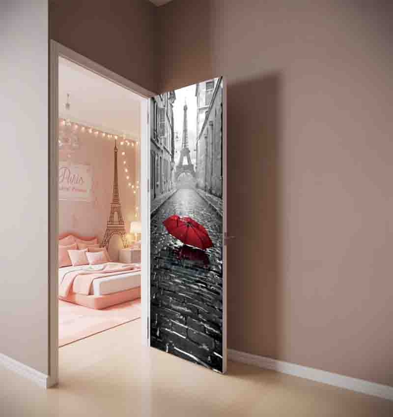 Vinil Decorativo Puerta Torre Eiffel con Paraguas Rojo