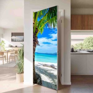 Vinilo Decorativo Puerta Playa Tropical con Palmeras