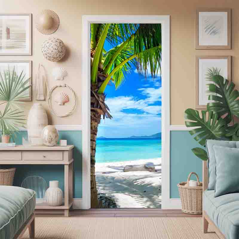 Vinilo Decorativo Puerta Playa Tropical con Palmeras - Imagen 4