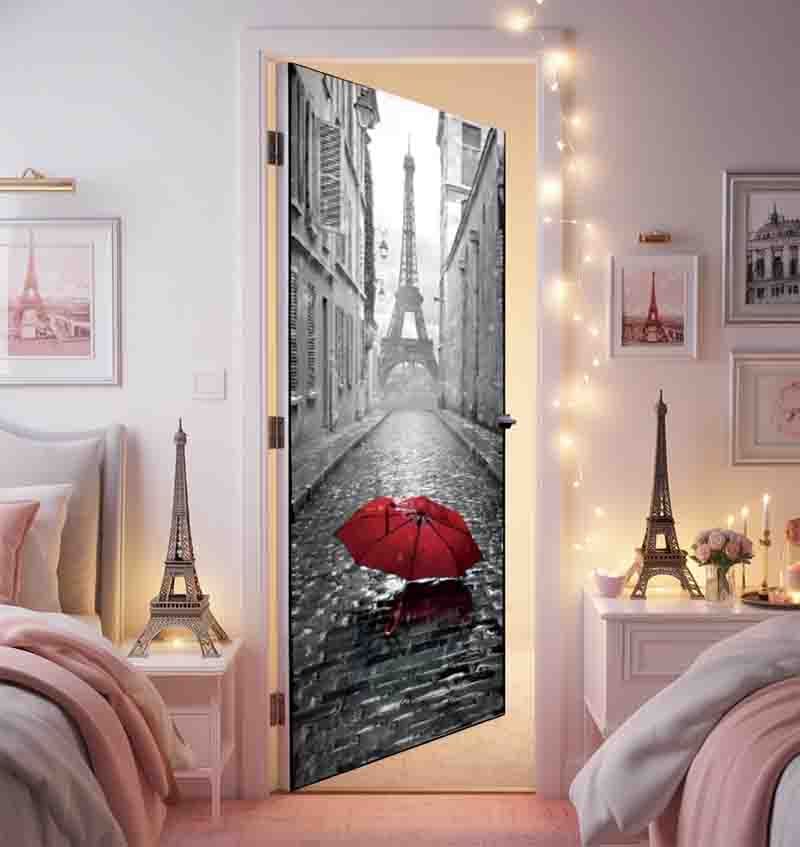 Vinil Decorativo Puerta Torre Eiffel con Paraguas Rojo - Imagen 4