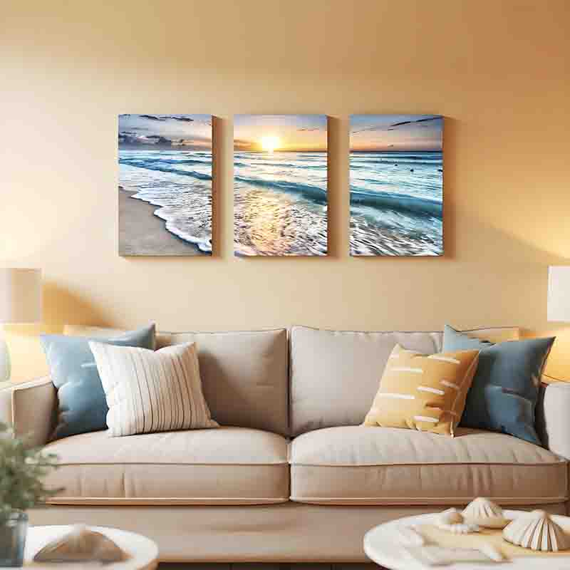 Tríptico Decorativo de Playa en Vinil Atardecer Azul - Imagen 3
