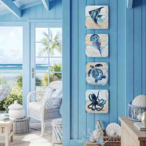 Set 4 Cuadros Canvas Animales Marinos Estilo Costero Azul