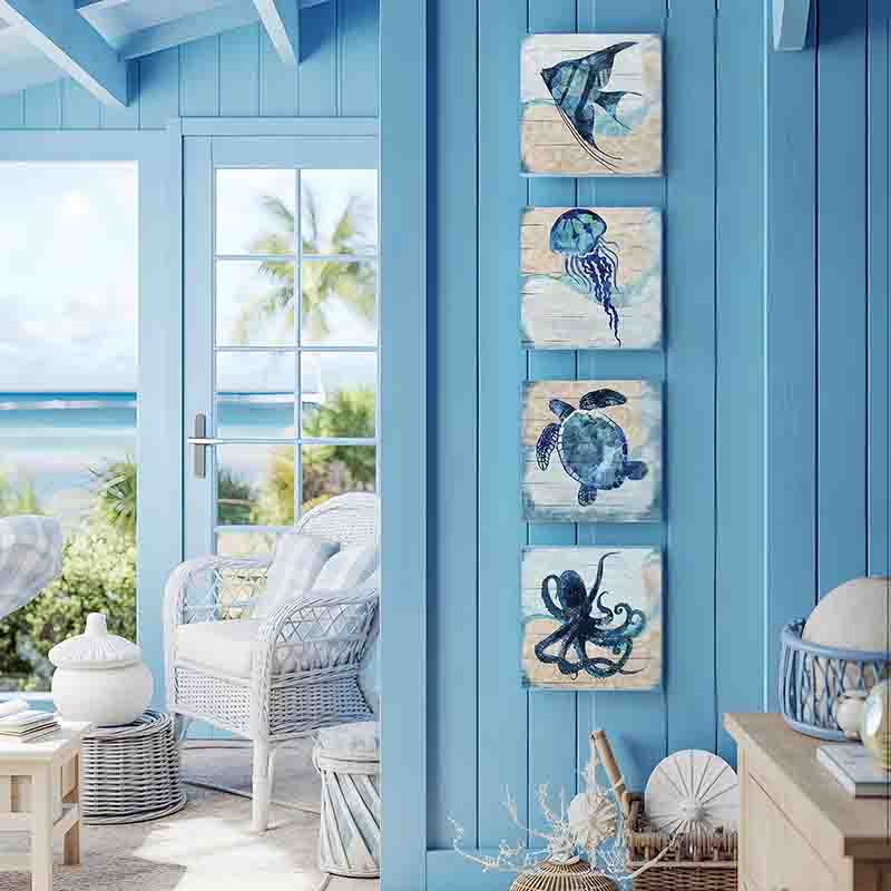 Set 4 Cuadros Canvas Animales Marinos Estilo Costero Azul