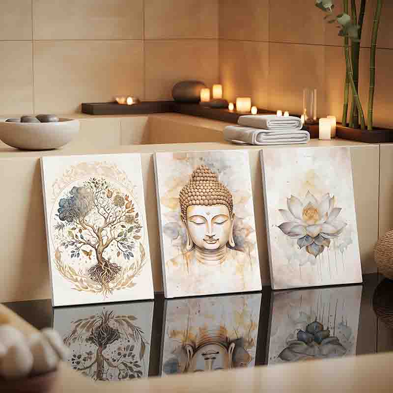 Cuadro tríptico Canvas Buda Estilo Zen con Marco