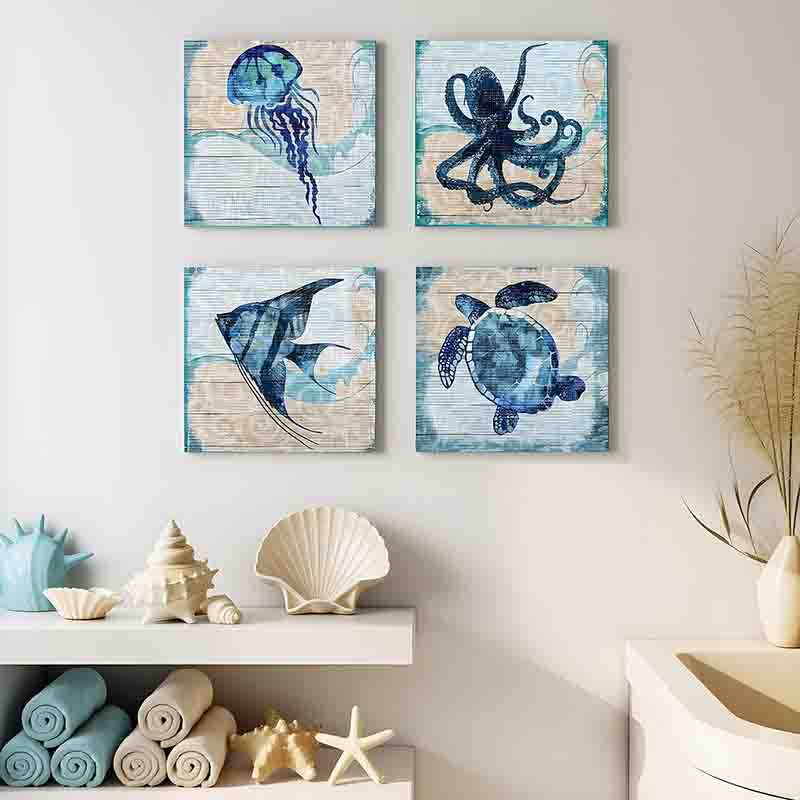Set 4 Cuadros Canvas Animales Marinos Estilo Costero Azul - Imagen 5