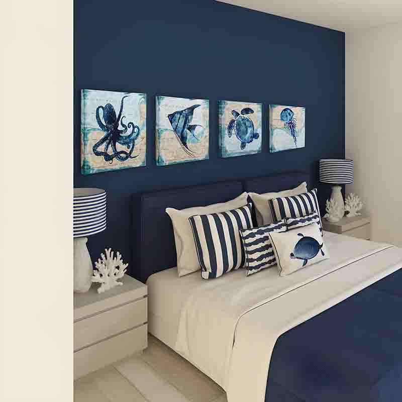 Set 4 Cuadros Canvas Animales Marinos Estilo Costero Azul - Imagen 7