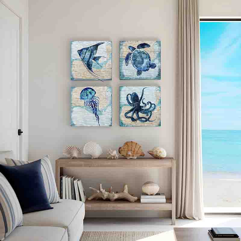 Set 4 Cuadros Canvas Animales Marinos Estilo Costero Azul - Imagen 8