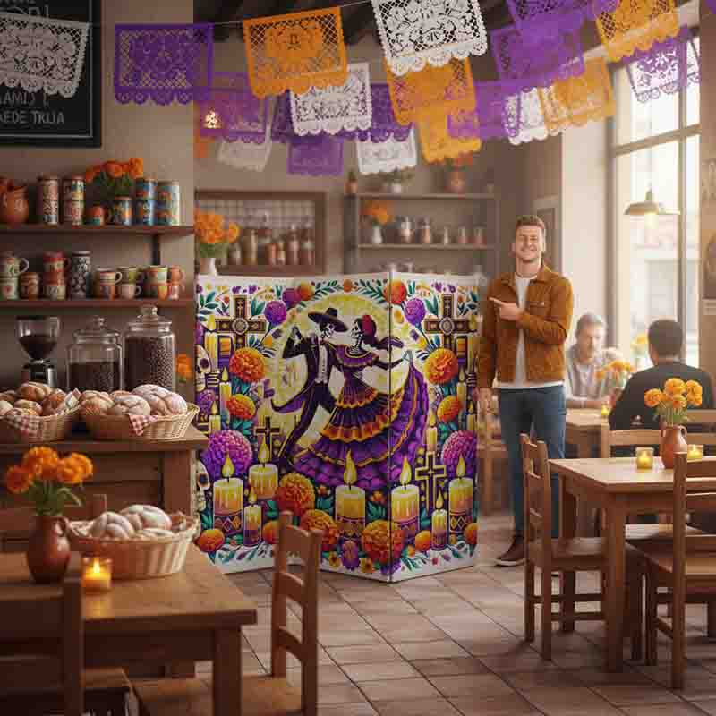 Biombo de madera plegable dia de muertos Mod. Baile de Catrinas