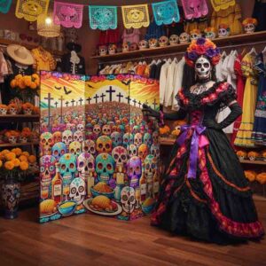 Biombos decorativos de madera dia de muertos Mod. Cementerio iluminado