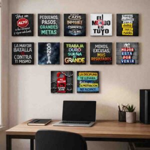 Set de 12 Cuadros Motivacionales de MDF 20x20 cm para Oficina, Gimnasio y Hogar.