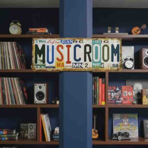 Letrero Music Room Retro Vintage en MDF 40x15 cm para Cuarto de Música.