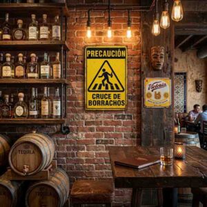 Placa Decorativa “Precaución Cruce de Borrachos” Vintage en MDF 20x30 cm para Bar y Cantina.