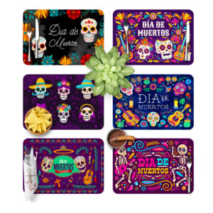 Kit 2 Manteles Individuales Día de Muertos para Mesa 6 Piezas con Calaveras Mexicanas.