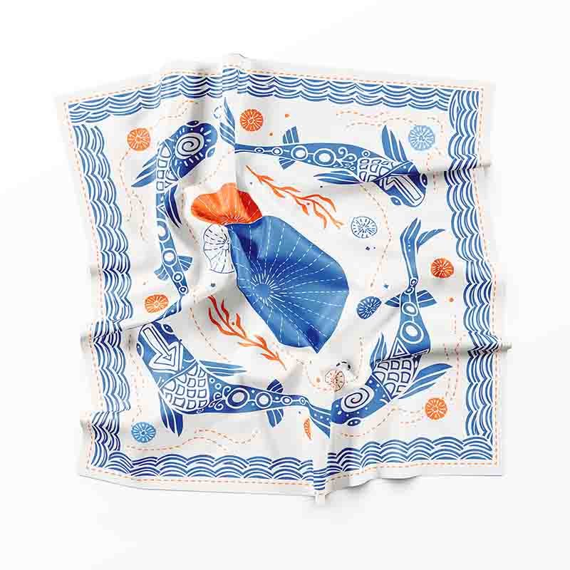 Mascada Modelo Peces Koi con Diseño Marino en Azul, Blanco y Naranja 60x60 cm. - Imagen 3