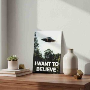 Placa Decorativa I Want to Believe con OVNI Vintage 30x20 cm.