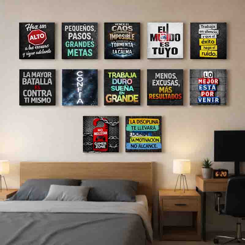 Set de 12 Cuadros Motivacionales de MDF 20x20 cm para Oficina, Gimnasio y Hogar. - Imagen 8