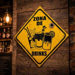 Placa Decorativa “Zona de Drinks” Vintage en MDF 30x30 cm para Bar y Cantina.