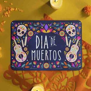 Mantel Individual Día de Muertos Modelo Guitarras del Recuerdo con Calaveras Mexicanas y Flores.