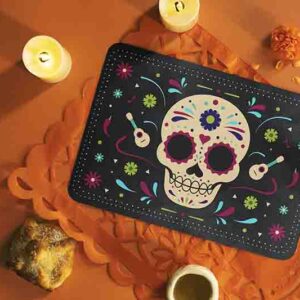 Mantel Individual Día de Muertos Modelo Catrina Floral con Calavera Mexicana y Flores.