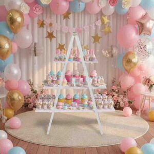 Escalera Exhibidora Modelo Baby Pink para Dulces, Postres, Mesa de Fiesta, Baby Shower y Eventos 1 Metro.