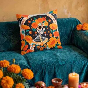 Cojín Decorativo Día de Muertos Modelo Esqueleto de Cempasúchil, Elige en Variantes con Relleno o sin Relleno 45x45 cm.
