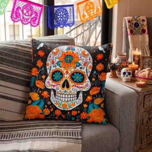 Cojín Decorativo Día de Muertos Calavera Floral Mexicana, Elige en Variantes con Relleno o sin Relleno 45x45 cm.