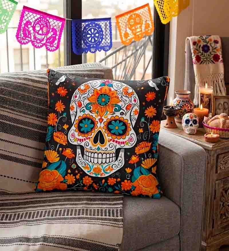 Cojín Decorativo Día de Muertos Calavera Floral Mexicana, Elige en Variantes con Relleno o sin Relleno 45x45 cm.