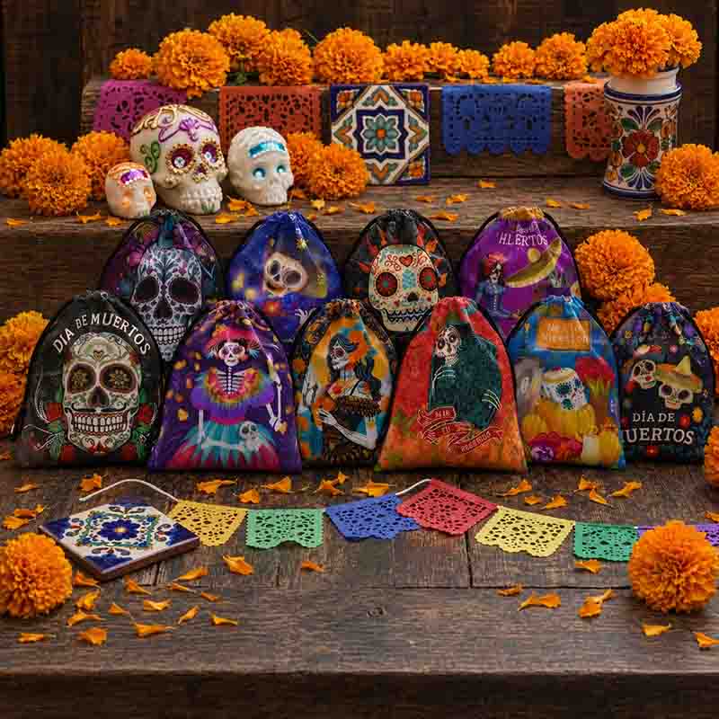 10 Dulceros de Calaveras para Día de Muertos 24x20 cm, Bolsitas de Tela Lavables para Dulces, Recuerdos y Fiesta Mexicana.